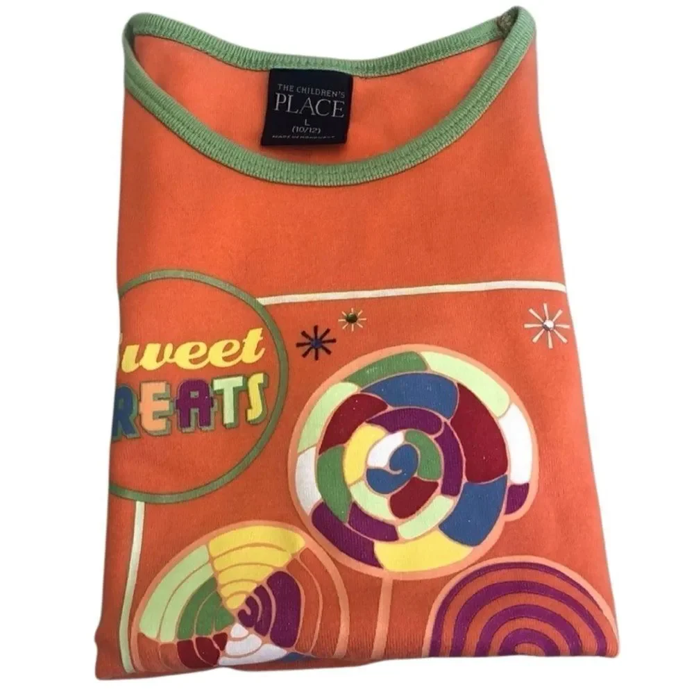 The Children’s Place Sweet Treats Graphic Top Girls L 10/12 Orange Ruffle Trim